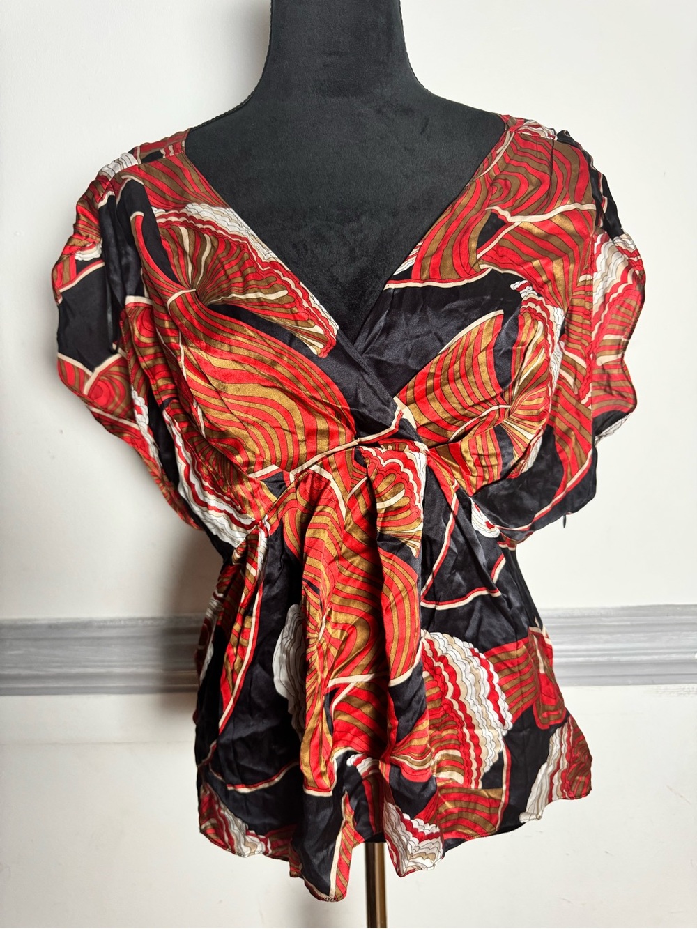 Massimo Dutti Red Black Patterned Wrap-Style Blouse